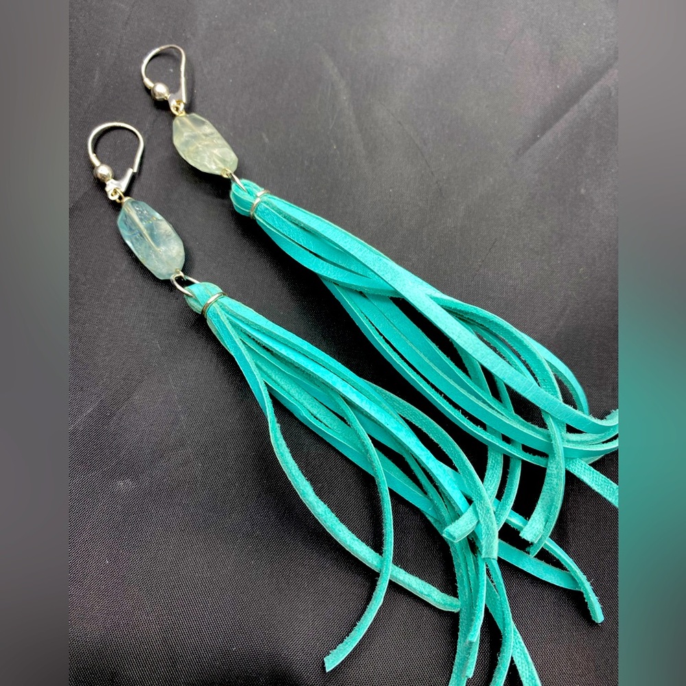 Aquamarine and Blue Leather Tassel earrings WoW